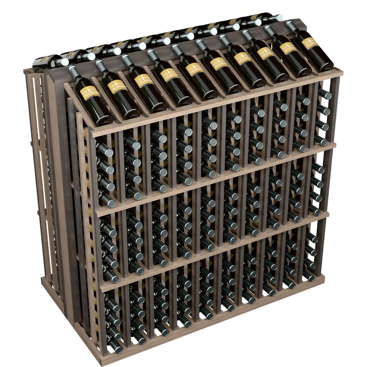 Commercial wine bottle display rack with 260 slots, black frame and dark wine bottles