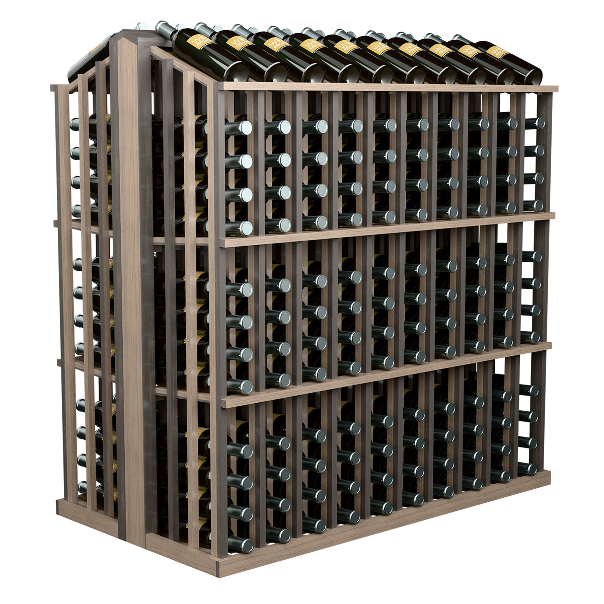Commercial wine bottle display rack with 260 bottle slots, light wood frame, angled view
