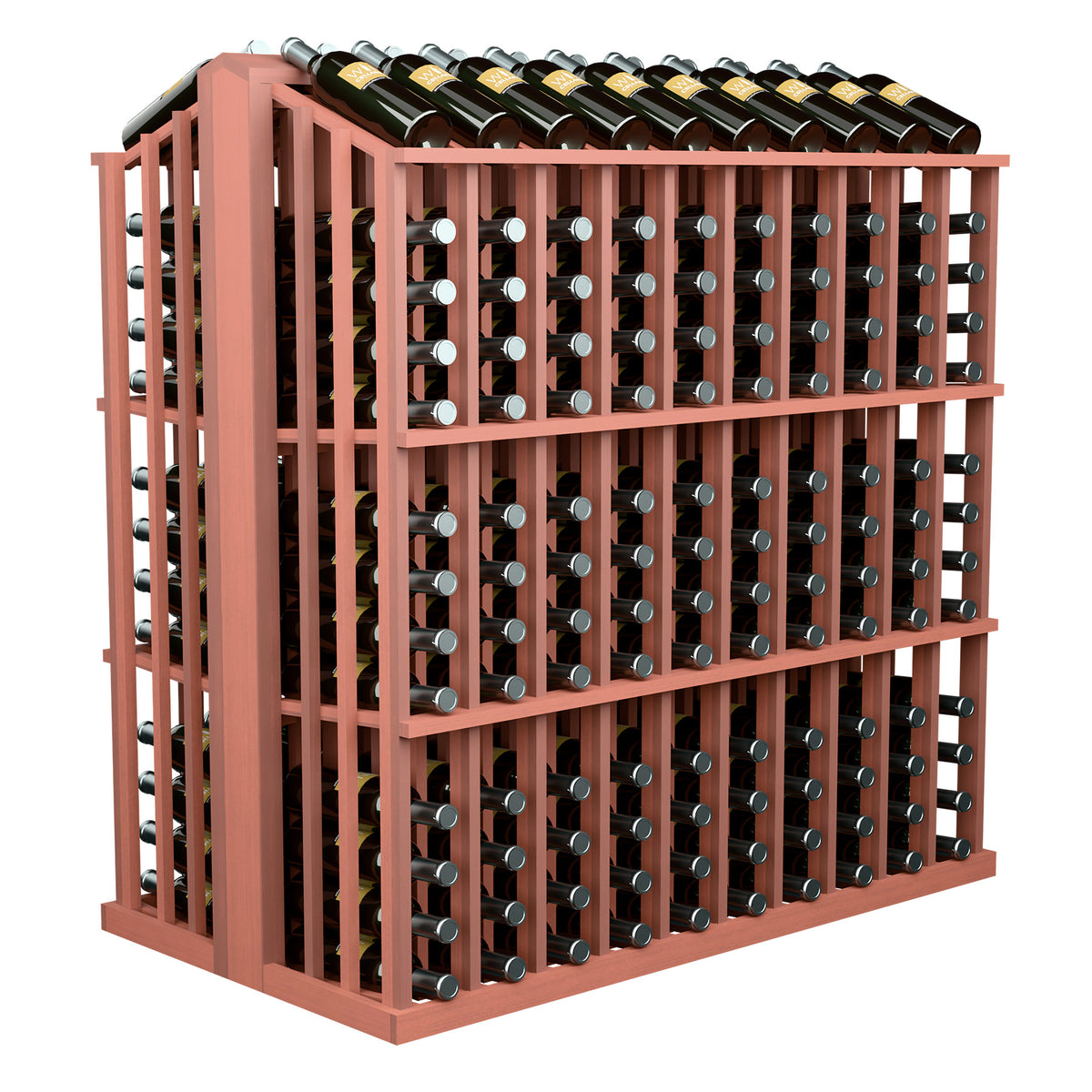 Rust-brown wood aisle wine bottle rack with bottle holder grid and top bottles
