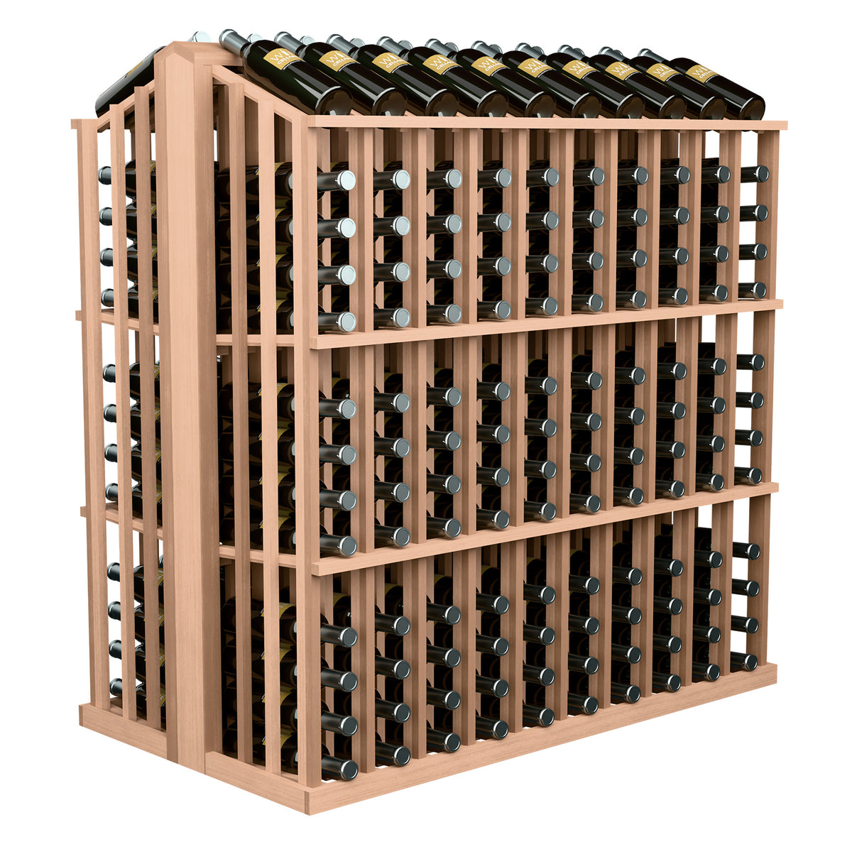 Natural wood 260-bottle commercial aisle display rack with bottle holders and wine bottles