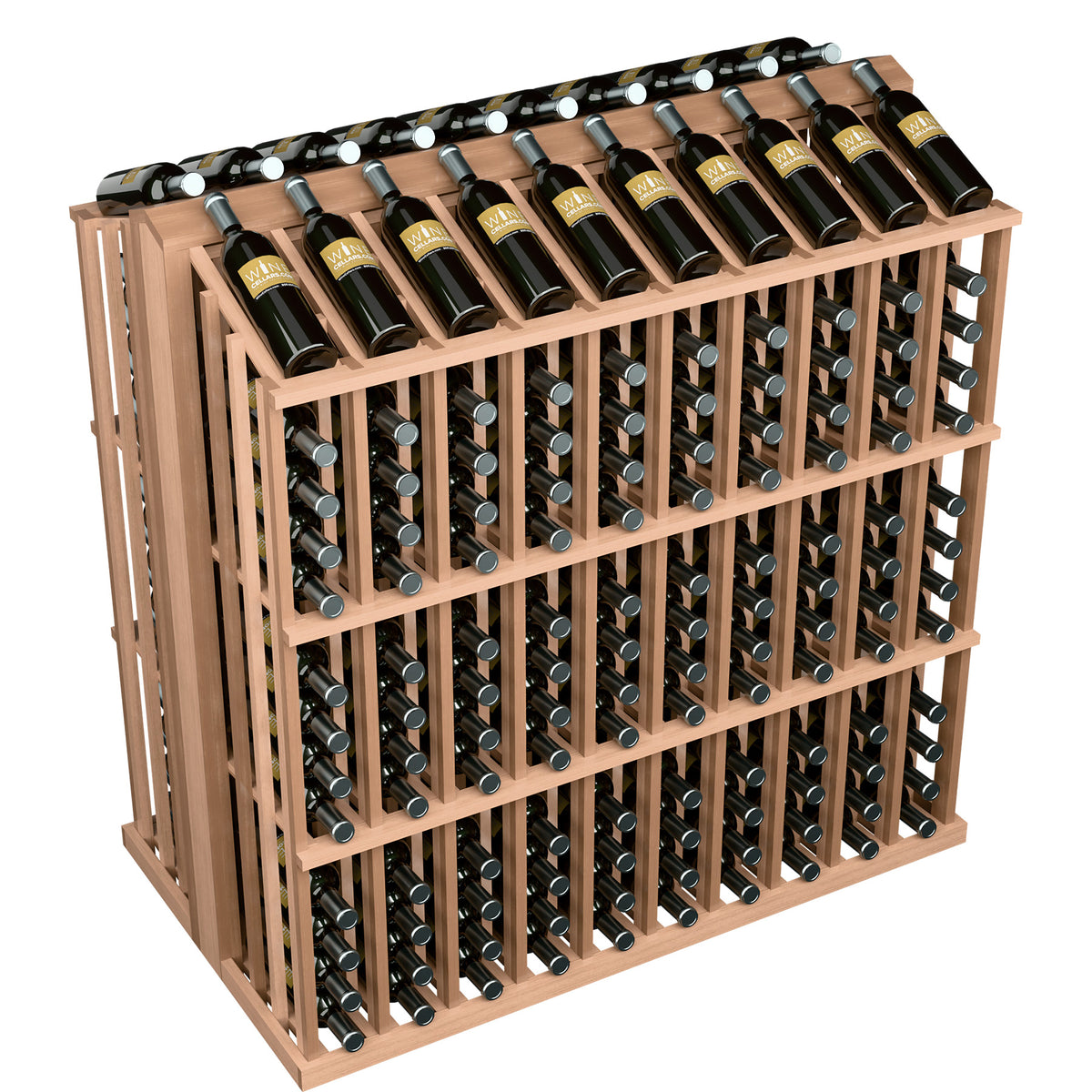 Commercial wine bottle display rack with 260 bottle slots, tan wood frame, top bottle row
