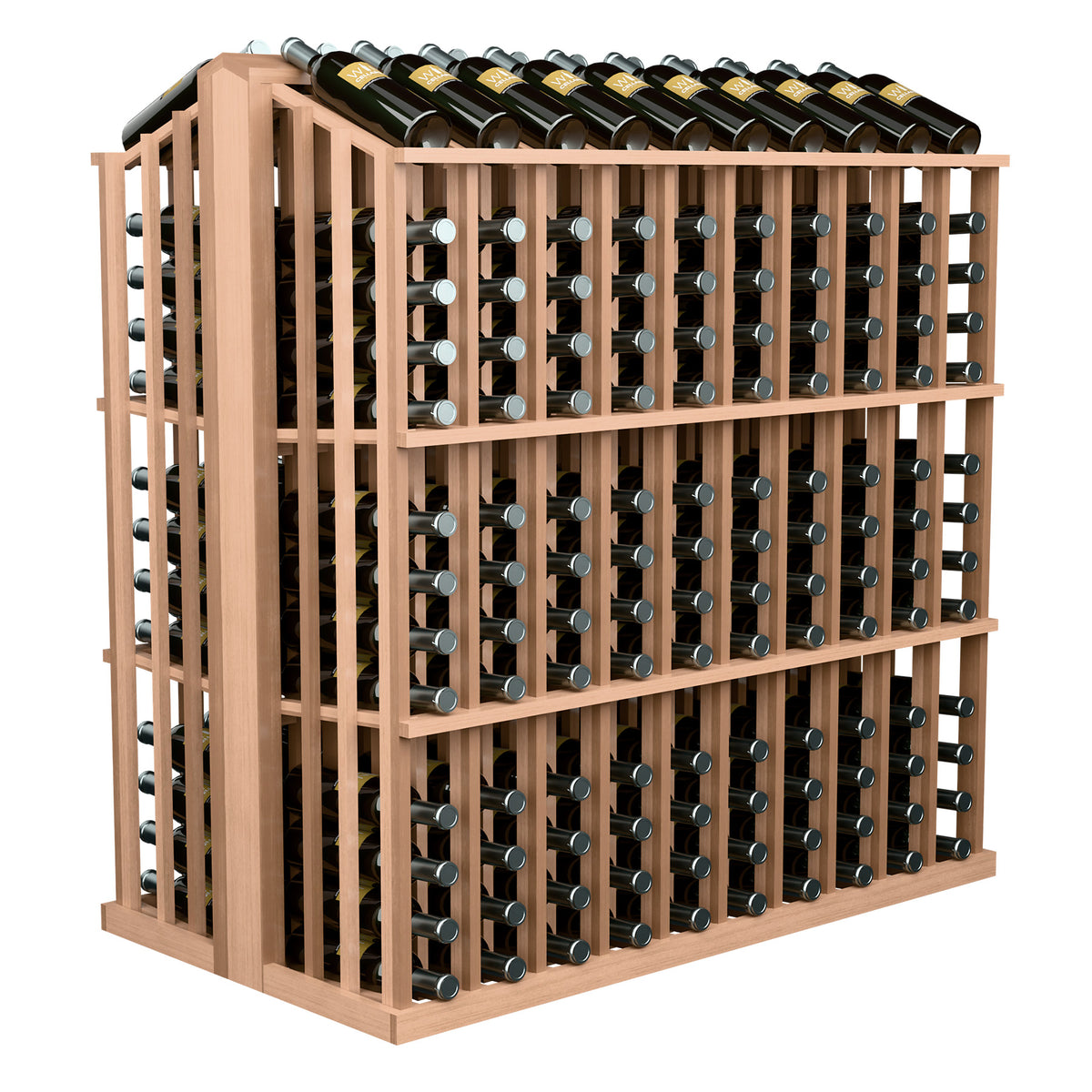Commercial wine bottle display rack with 260 bottle slots, pale wood frame, corner view