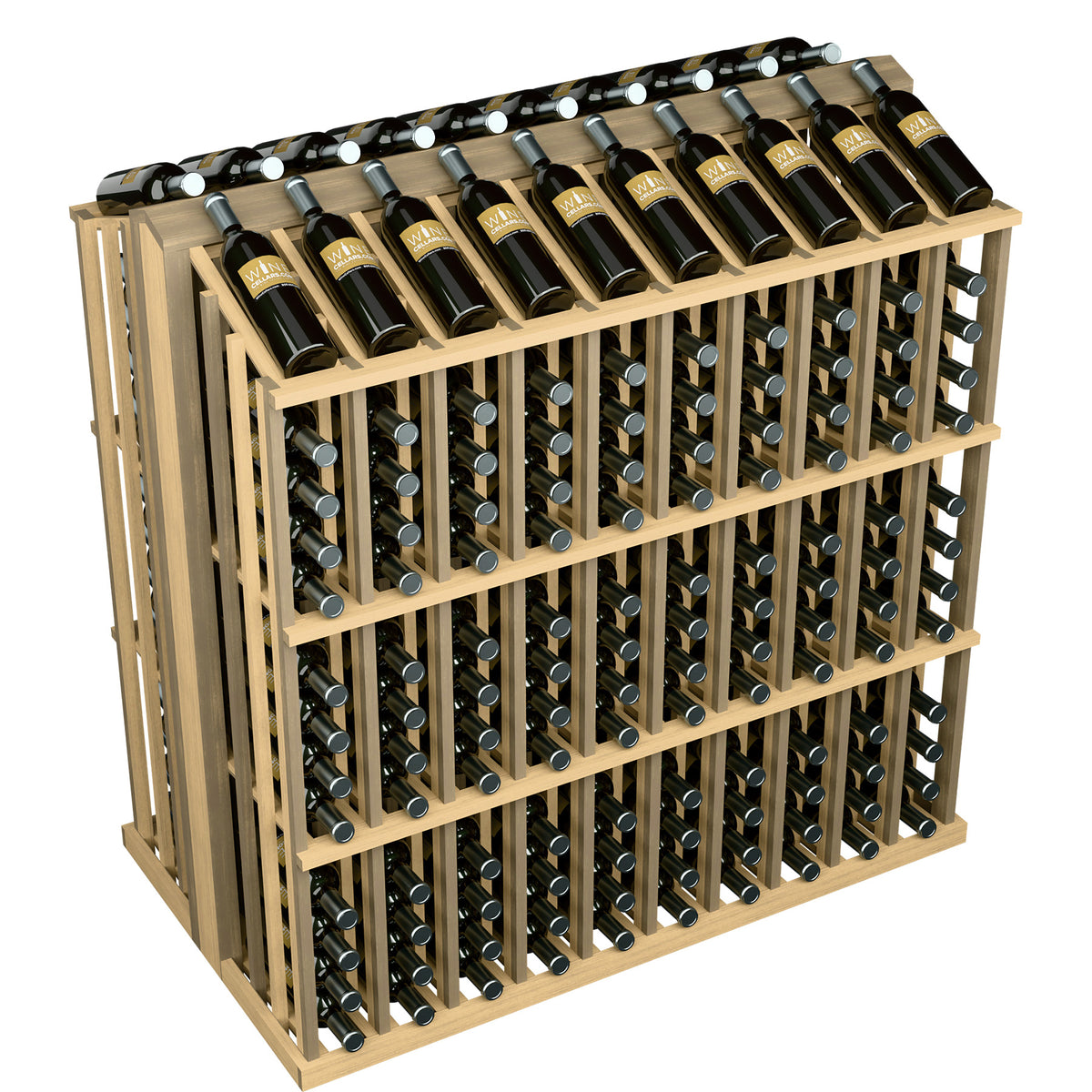 Wood bottle aisle display rack with gray-toned frame and rows of bottle holders.