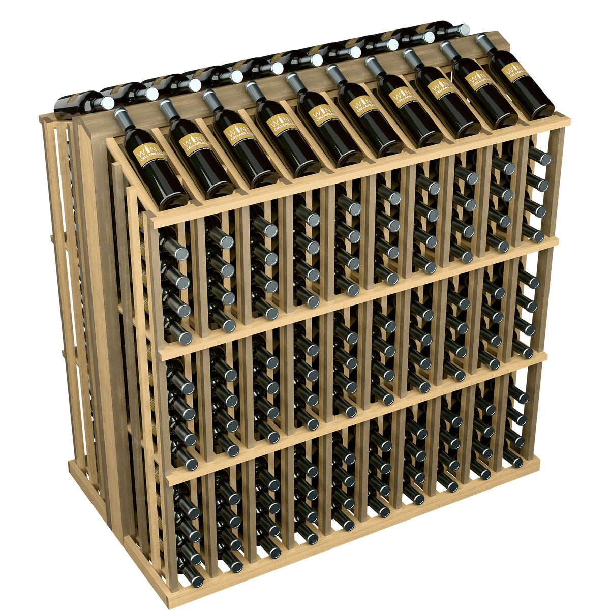 Commercial wine bottle display rack with 260 bottle slots, light wood frame, bottles on top