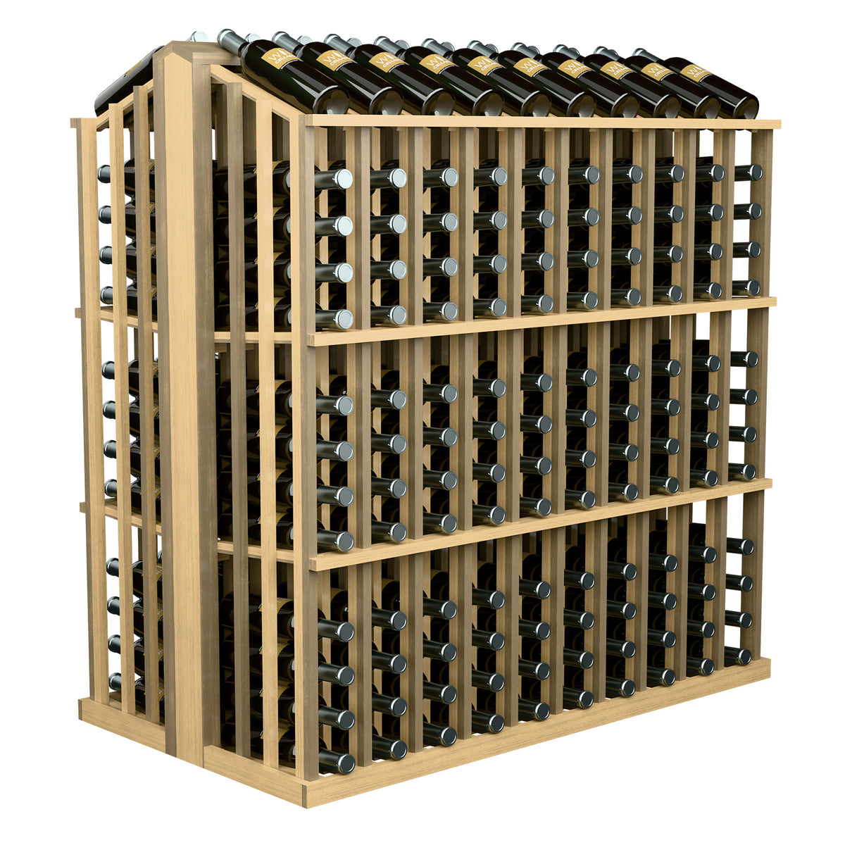 Commercial wine bottle display rack with 260 bottle slots, light pine frame, corner view