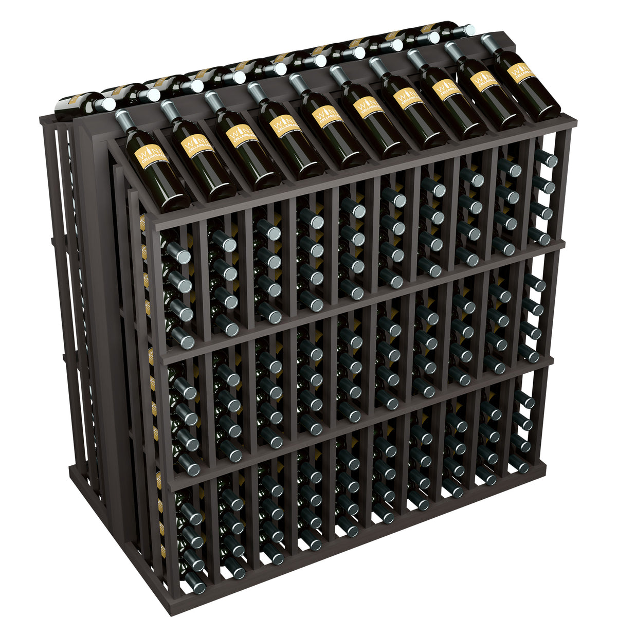 Black wine bottle display rack with bottles on top and glass bottles in front grid