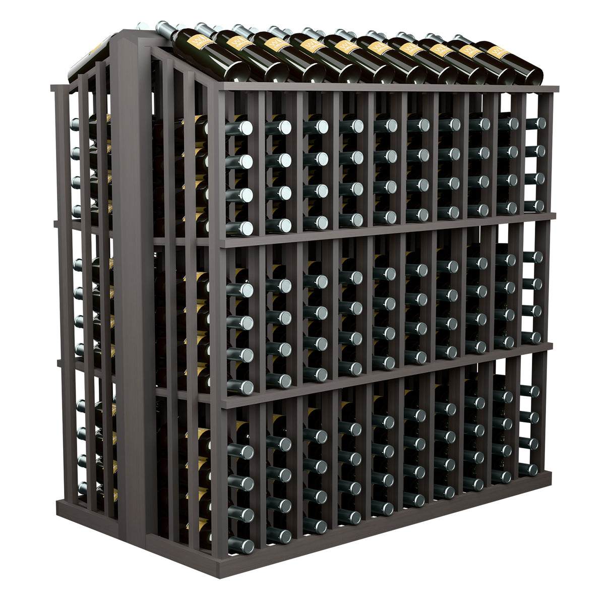 Dark gray wine bottle display rack with three horizontal tiers of bottle slots
