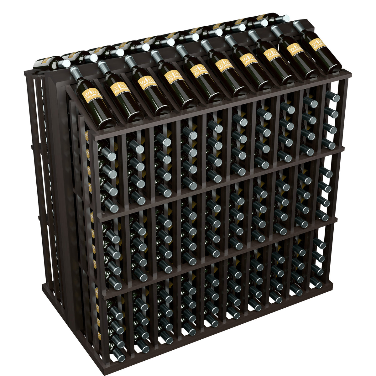 Commercial wine bottle display rack with 260 slots, dark frame and wine bottles