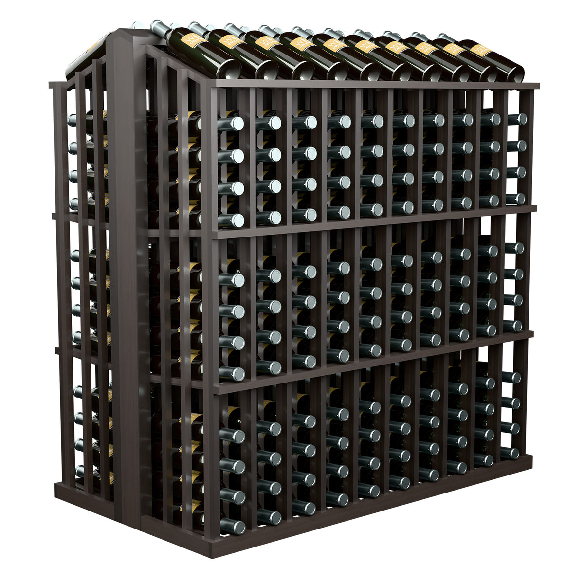 Commercial wine bottle display rack with 260 bottle slots, espresso-brown frame, corner view