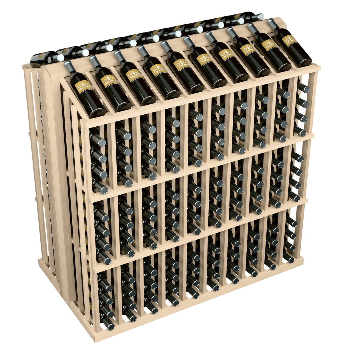 Wine bottle display rack with dark wine bottles in very light wood frame