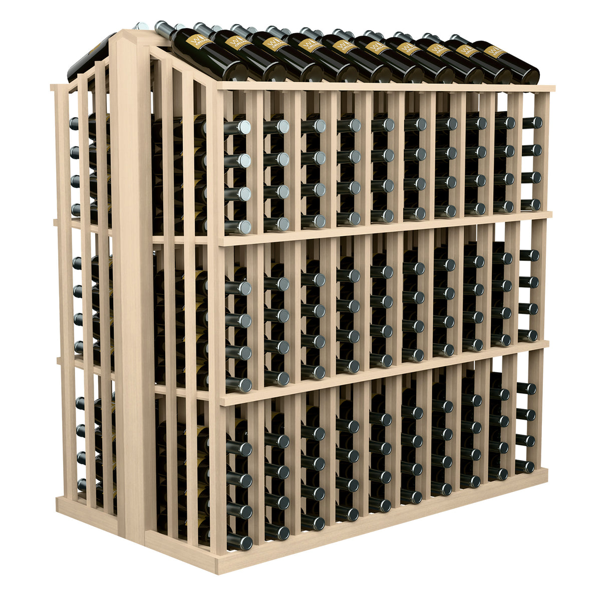 Commercial aisle wine bottle display rack with light wood frame and multiple wine bottle rows