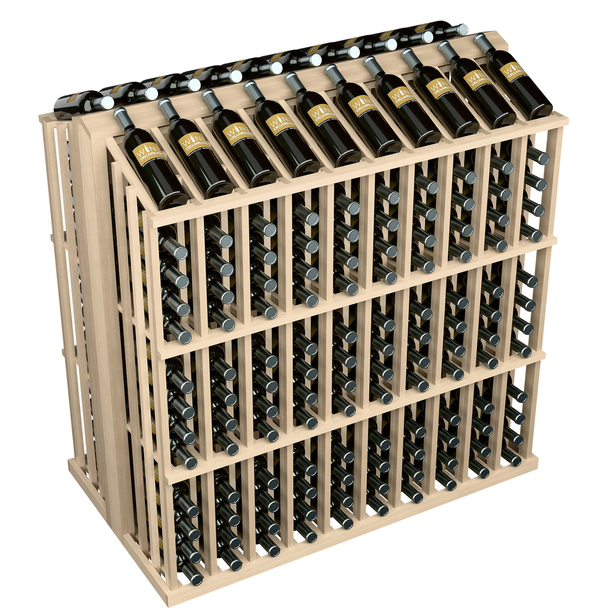 Commercial bottle display rack with black bottles in light wood slot grid