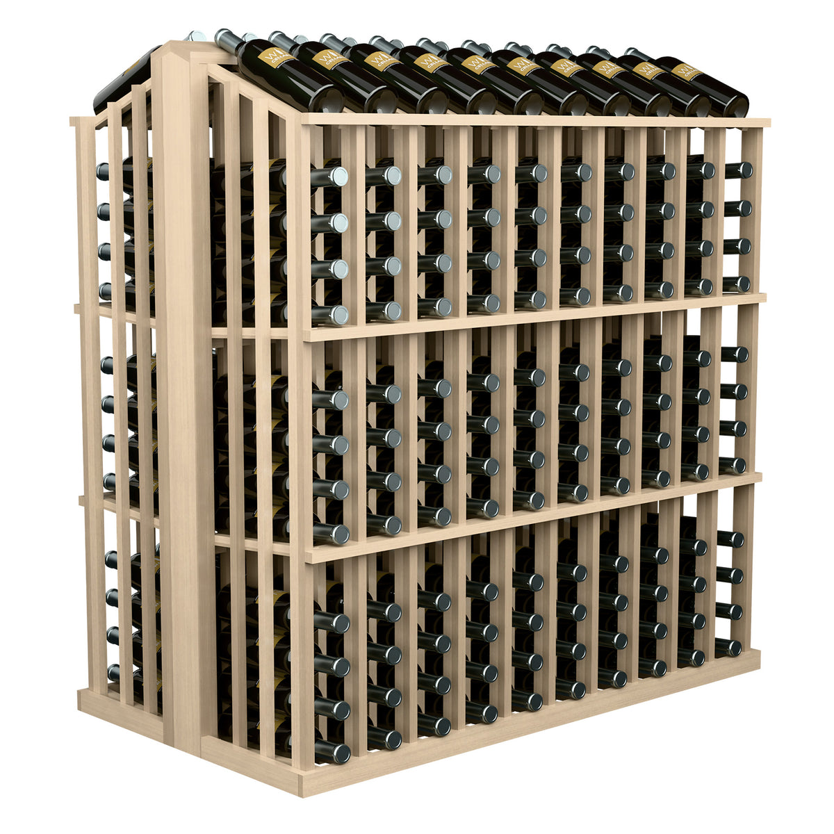 Commercial bottle display rack with black bottles and light wood slat frame