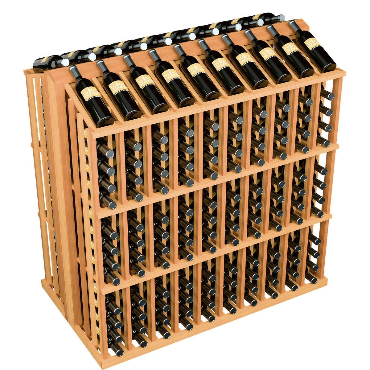 Wood bottle aisle display rack with rows of bottle holders and bottles on top.