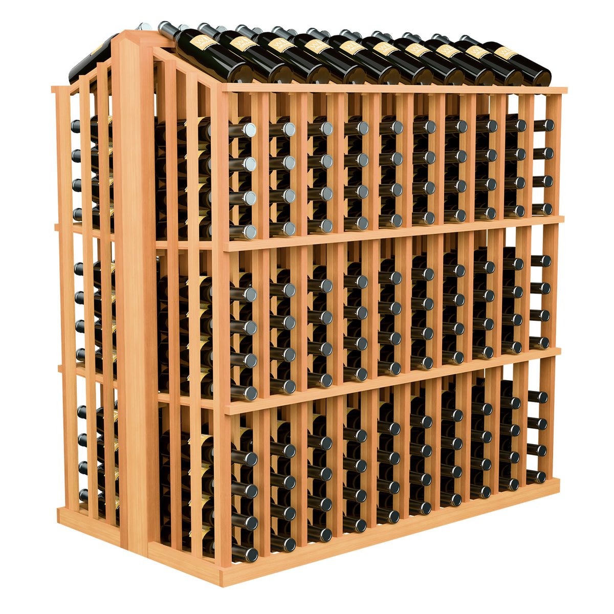 Wine bottle commercial aisle display rack with natural wood finish and front bottle slots