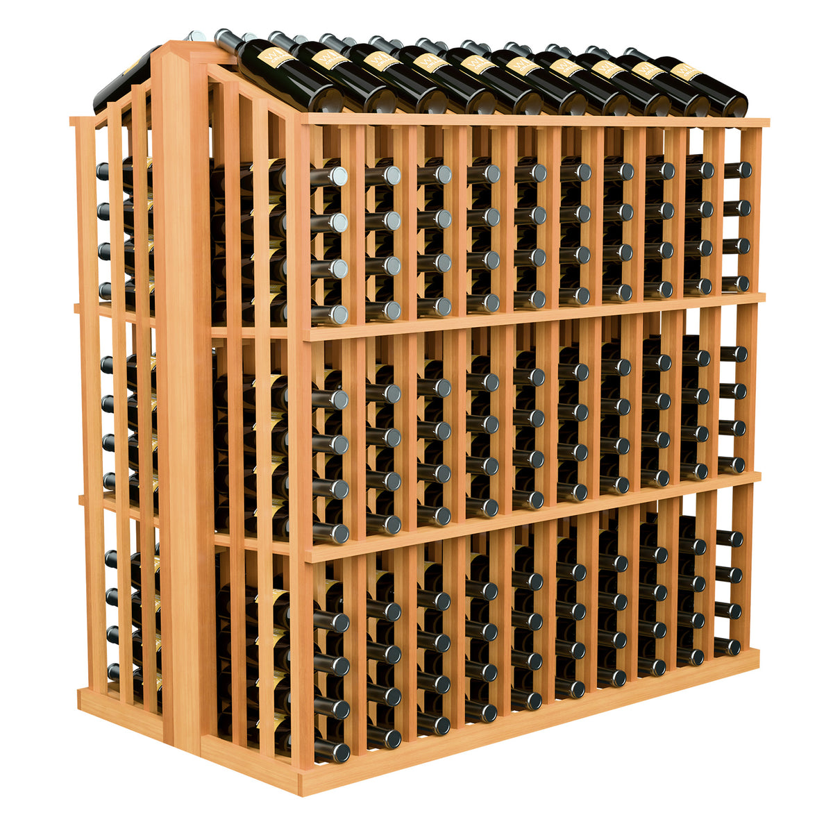 Commercial bottle display rack with black bottles and orange wood slat frame