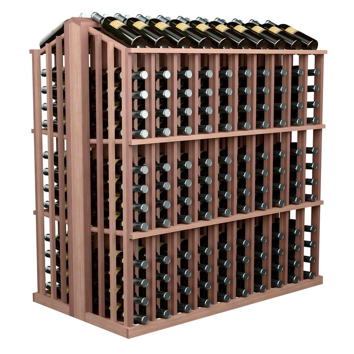 Commercial aisle wine bottle display rack with medium brown wood frame and stocked wine bottles