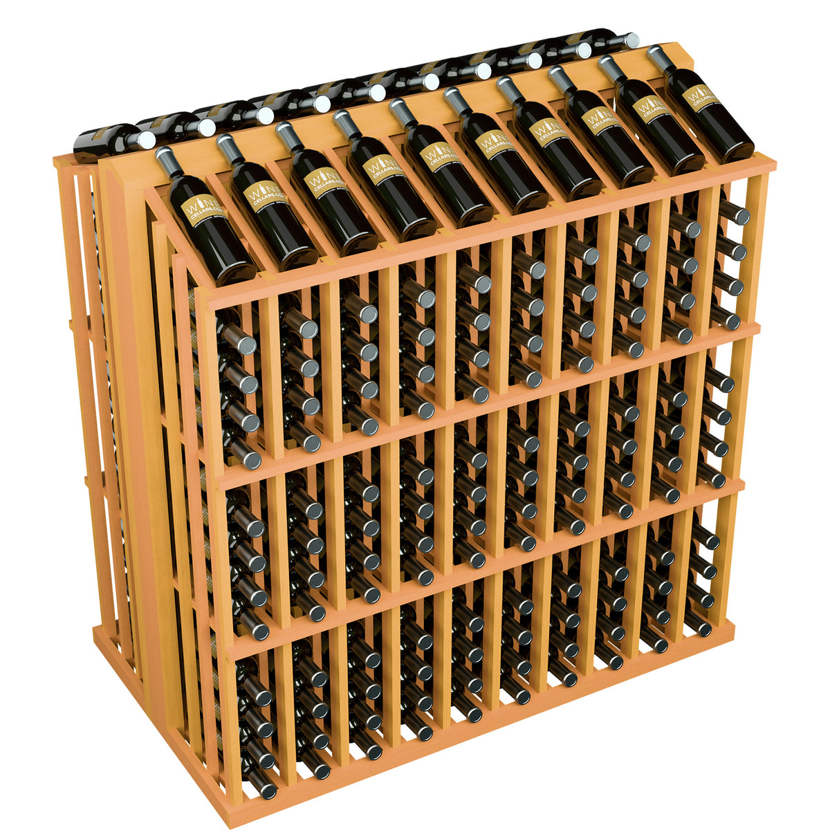 Wine bottle display rack with dark wine bottles in warm orange wood frame