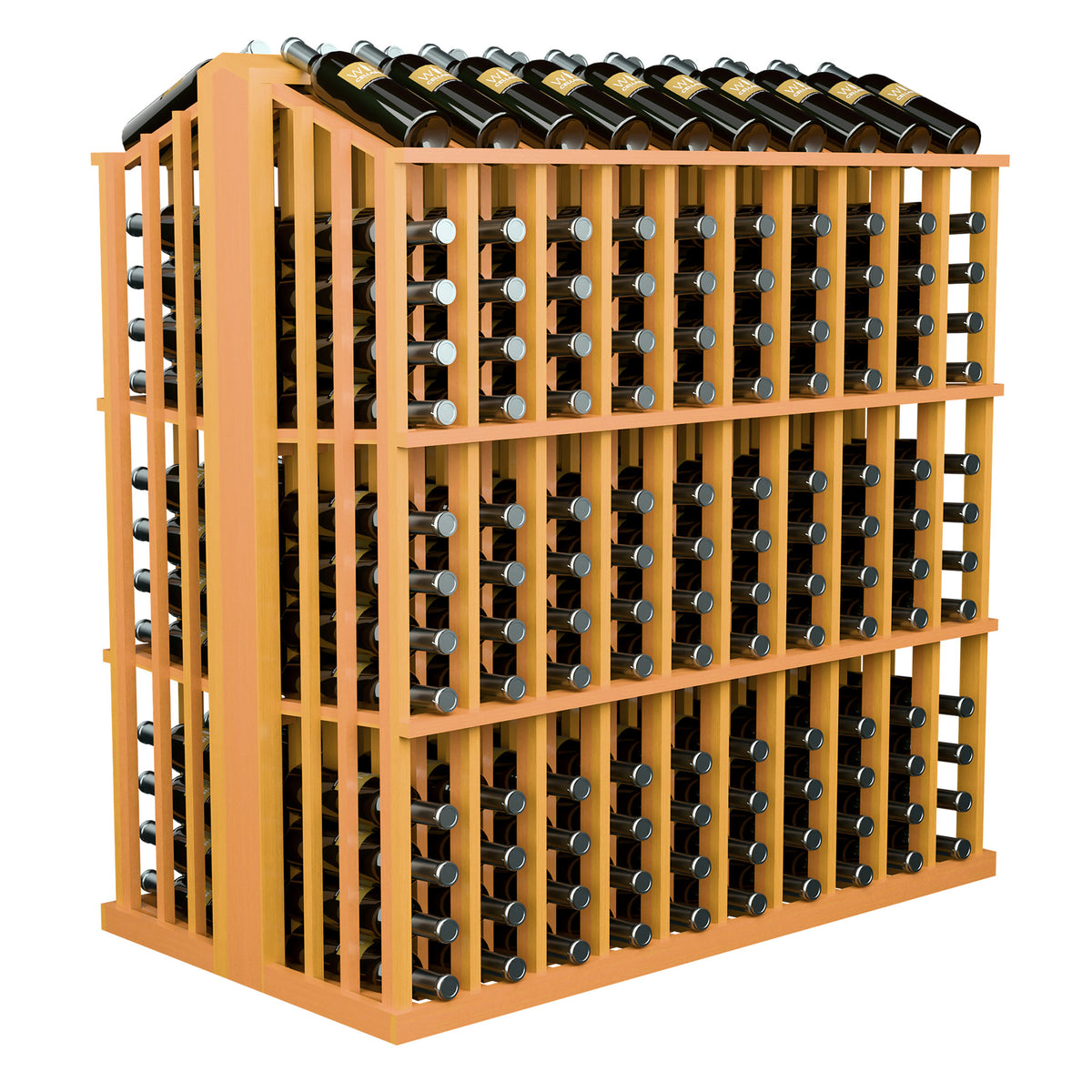 Commercial bottle display rack with black bottles and yellow-orange wood slat frame