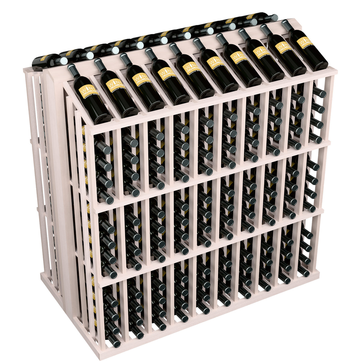 Commercial aisle wine bottle display rack with white frame and neatly stored wine bottles