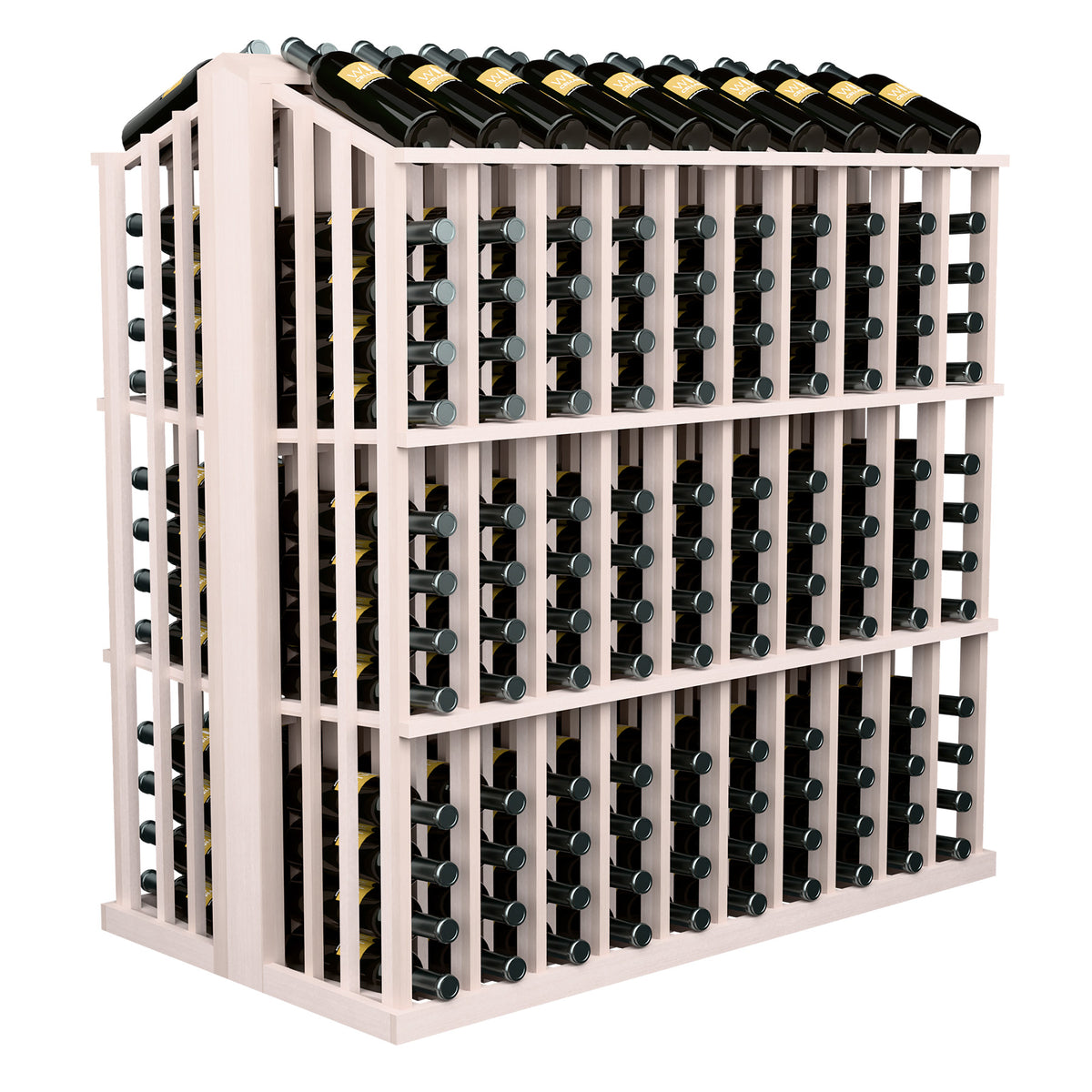 Light wood wine bottle display rack with bottle holders and top row of bottles