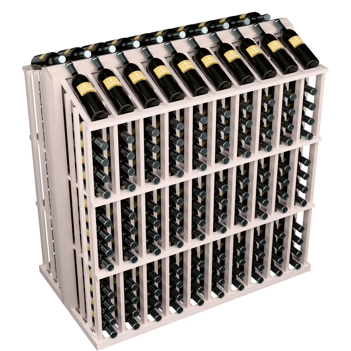 Commercial bottle display rack with black bottles in white wood slot grid