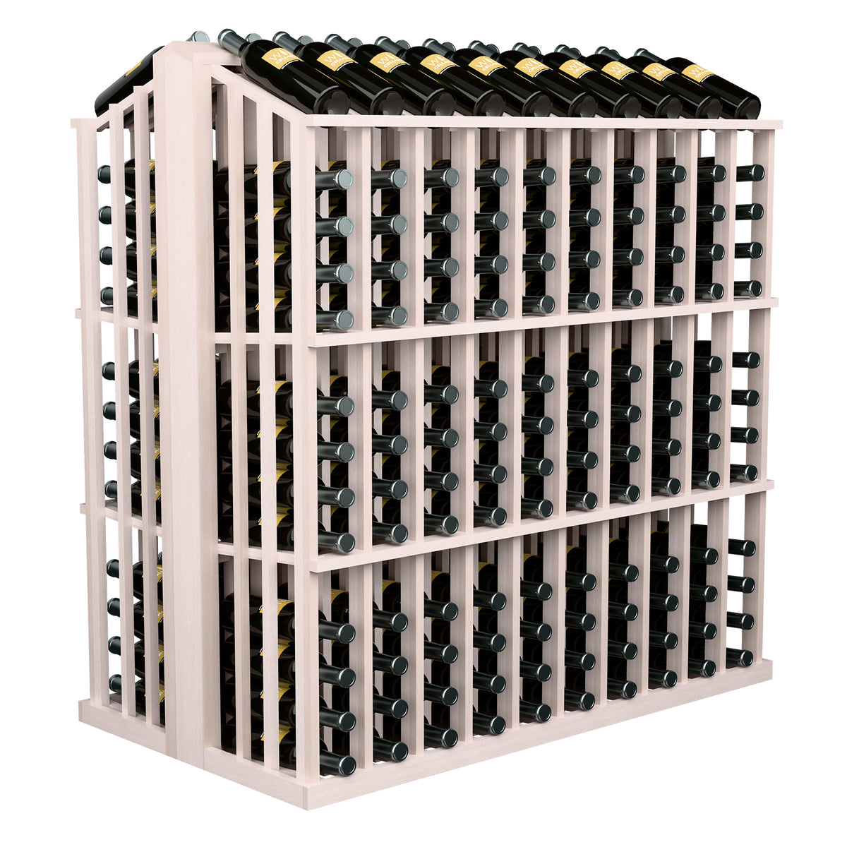 Commercial bottle display rack with black bottles and white wood slat frame