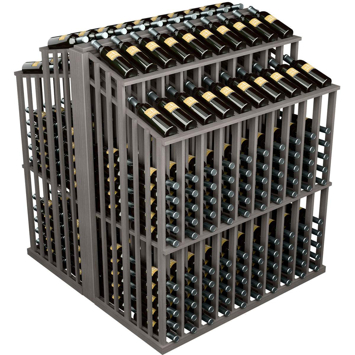 Dark gray wine bottle display rack with two tiers holding green bottles