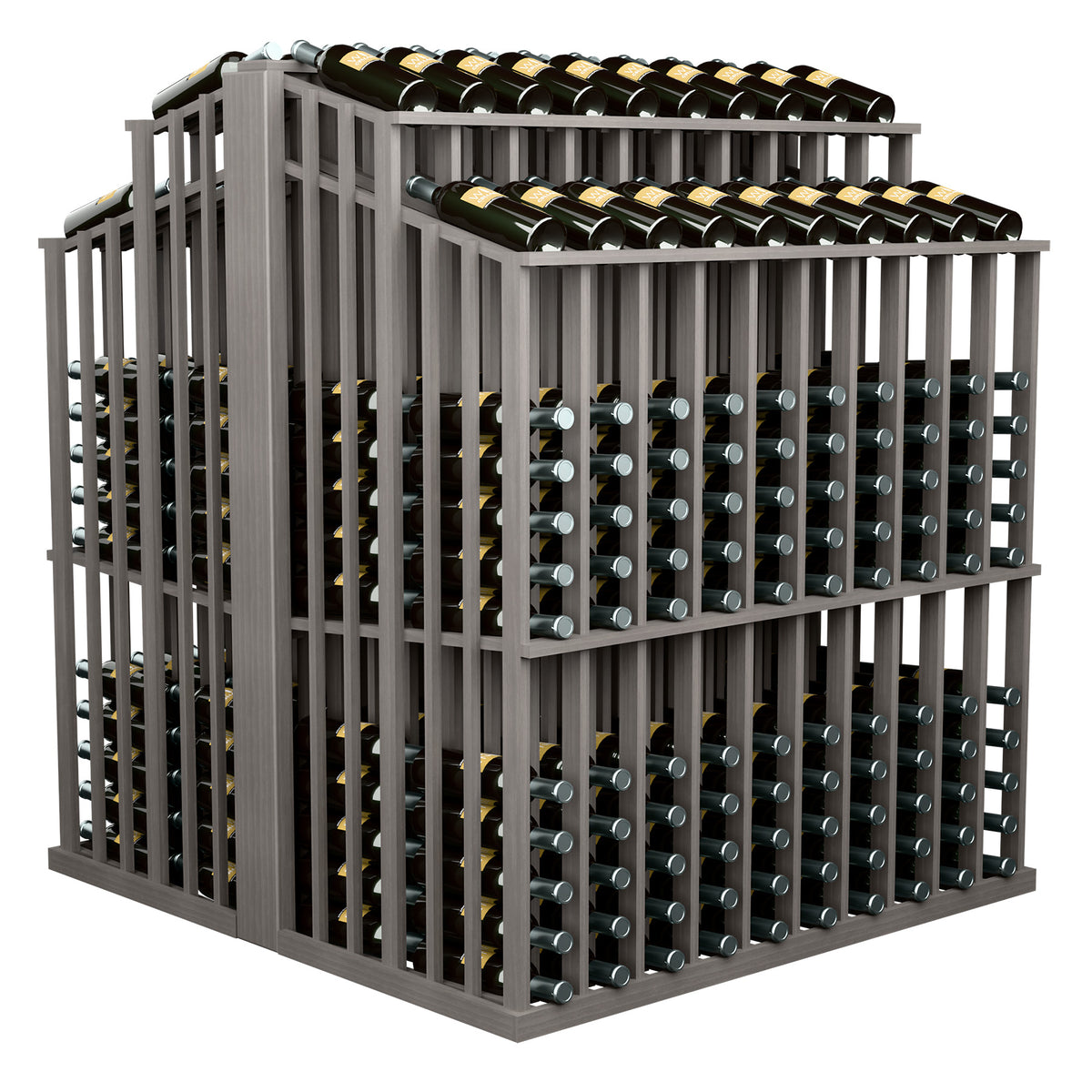 Double-sided wine bottle display rack with bottle rows on both sides and dark slat frame