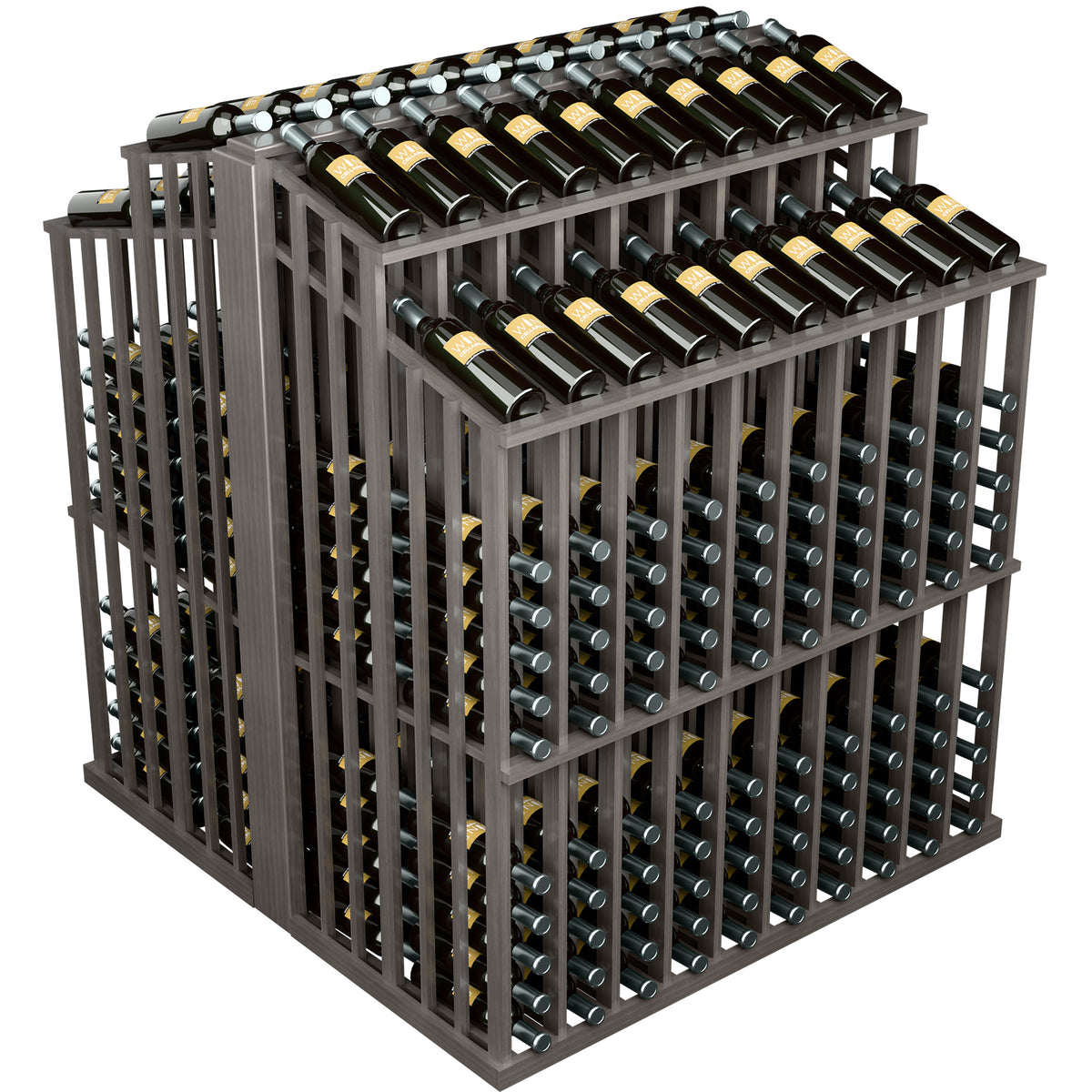 Double-deep commercial aisle bottle display rack with dark wood frame and rows of bottles