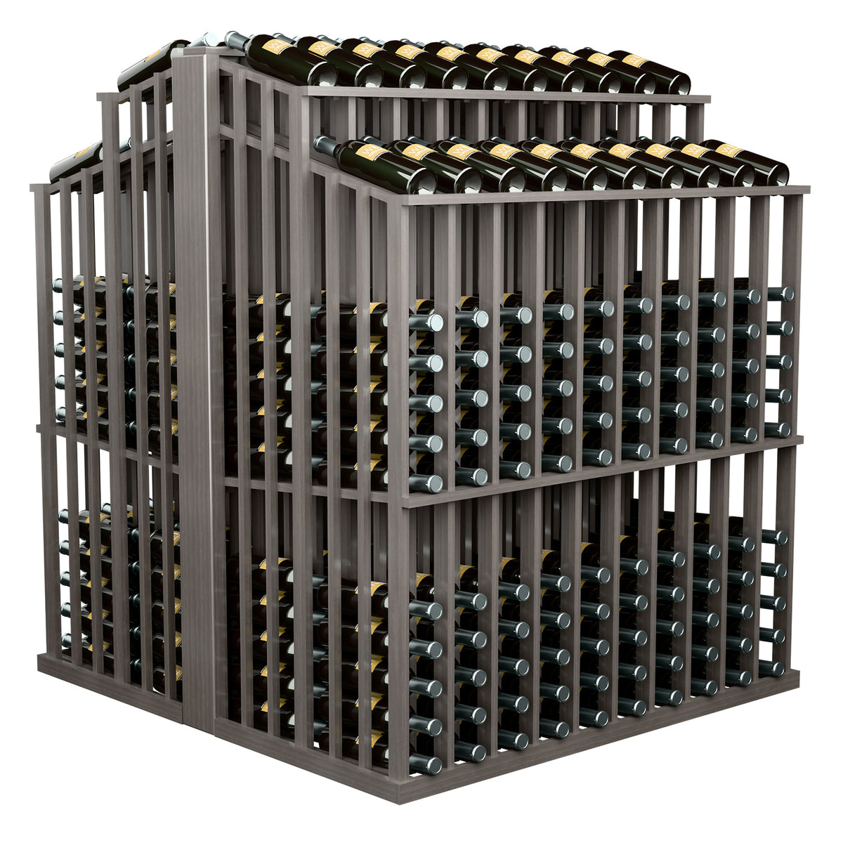 Double-deep commercial aisle bottle display rack with dark wood frame and bottle grid shelves