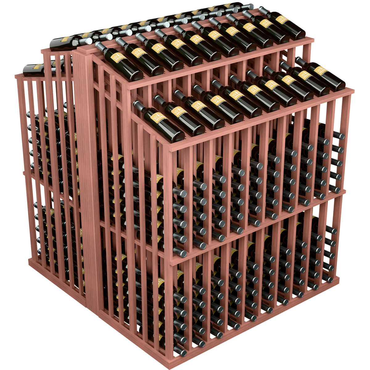 Red-brown wine bottle display rack with two-tier front bottle holders and top bottle rows