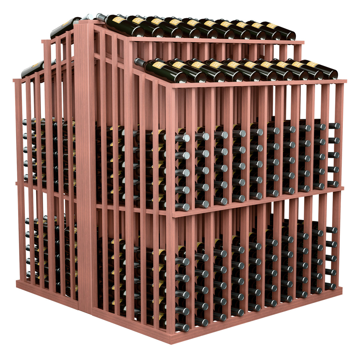 Rosewood-toned wine bottle display rack with front bottle holders and two top bottle rows