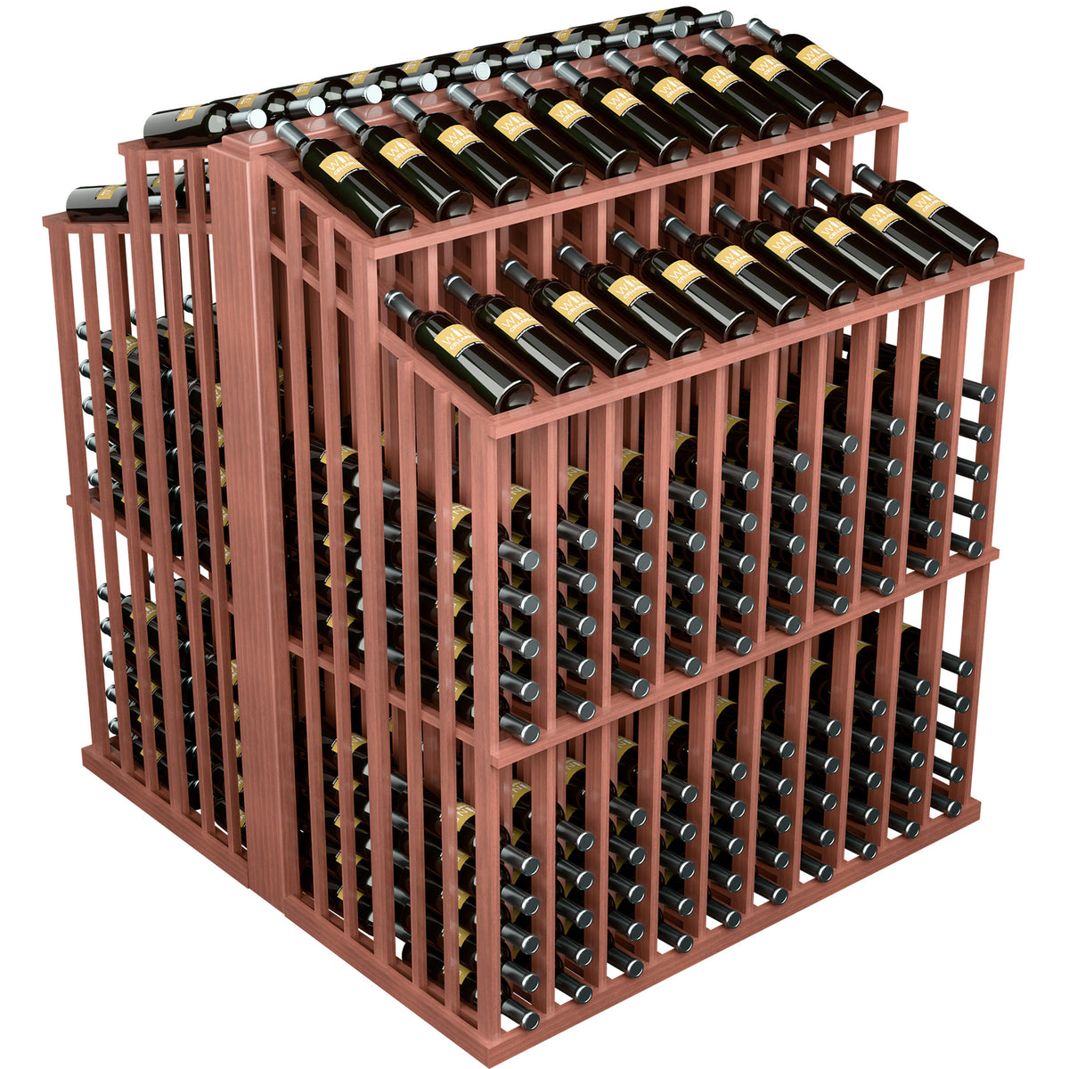 Double-deep commercial aisle bottle display rack with reddish wood frame and bottle rows