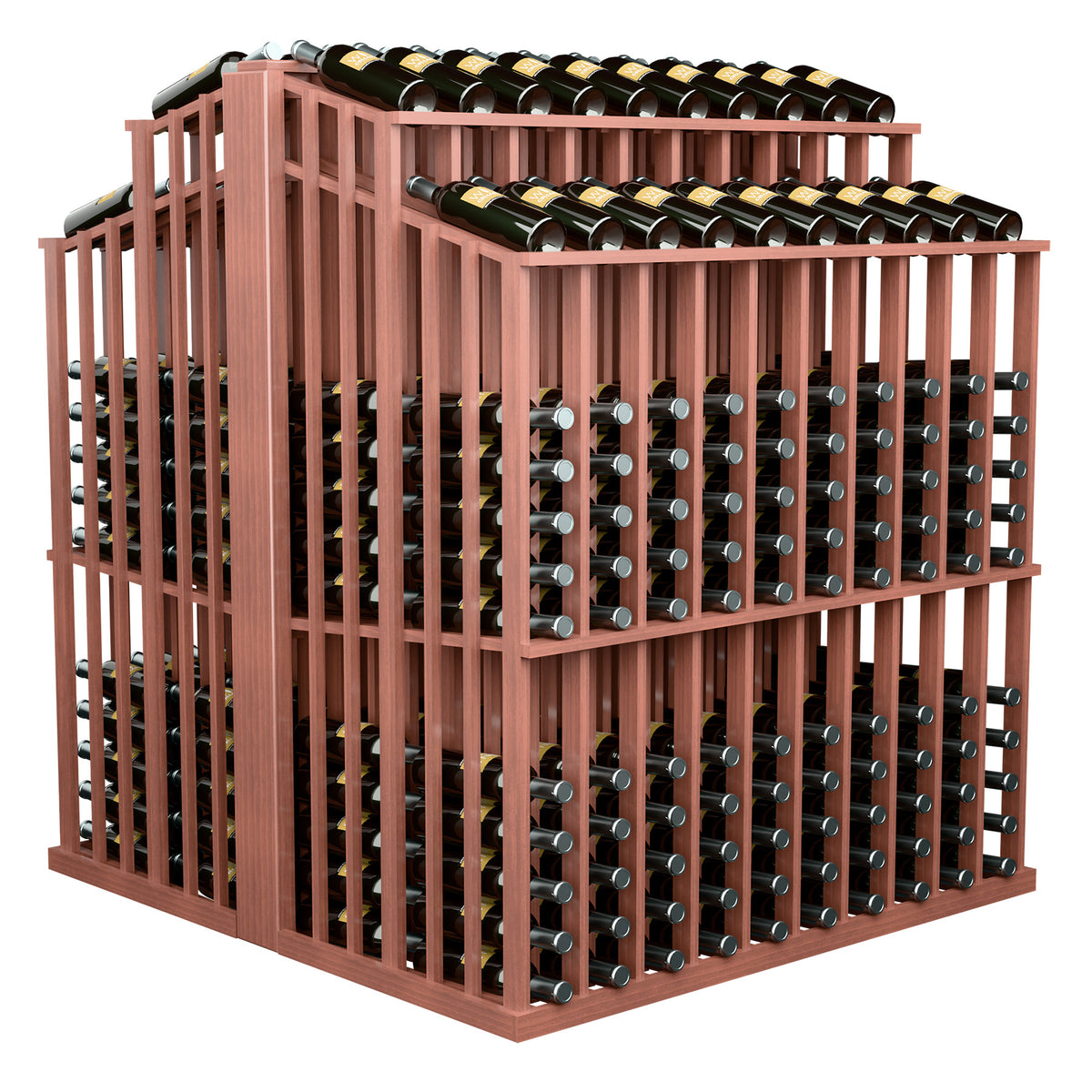 Double-deep commercial aisle bottle display rack with reddish wood and front bottle holder grid