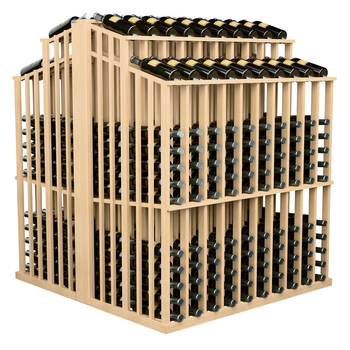 Light wood wine bottle aisle display rack with front bottle slots and top bottle row