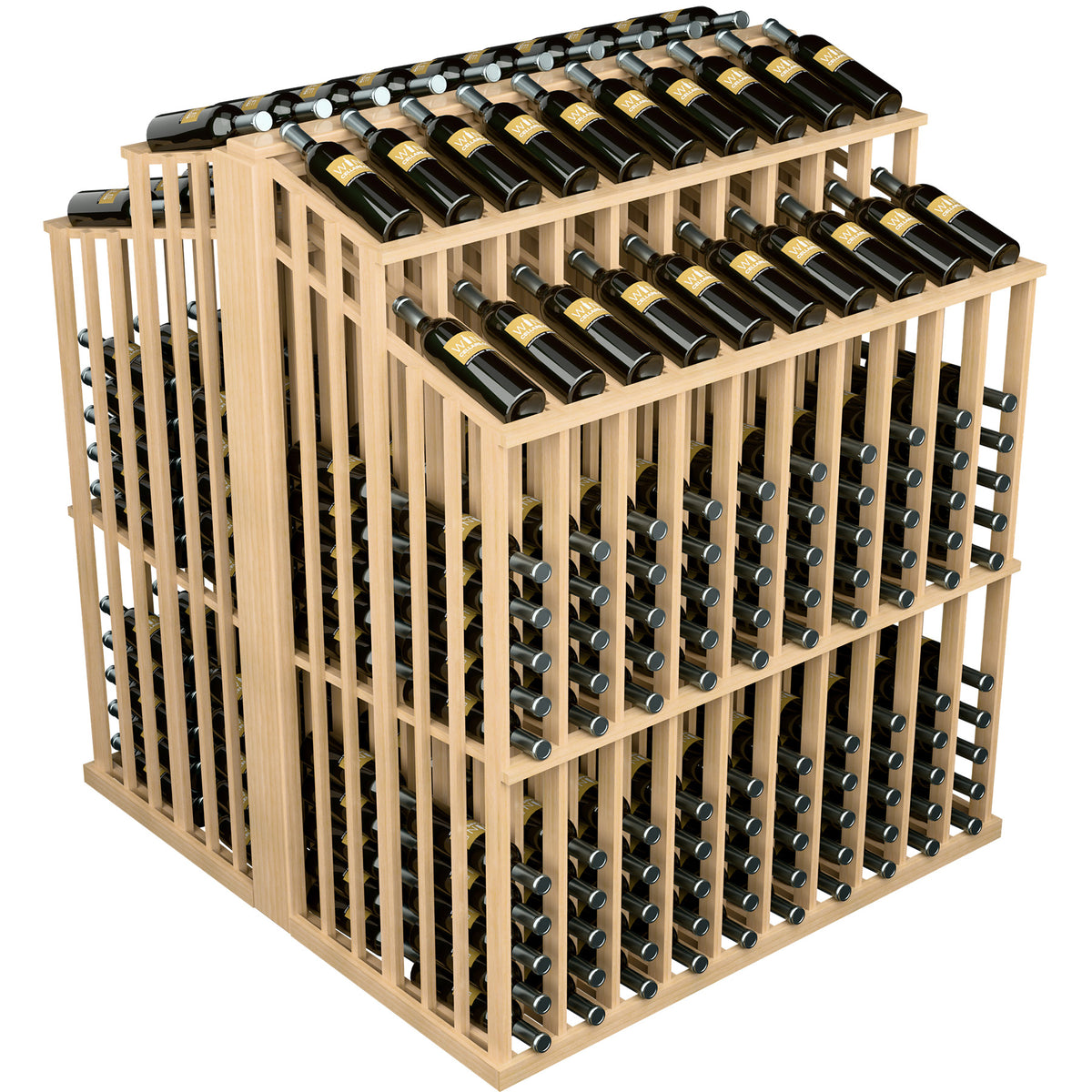 Double-deep commercial aisle bottle display rack with light wood frame and rows of capped bottles
