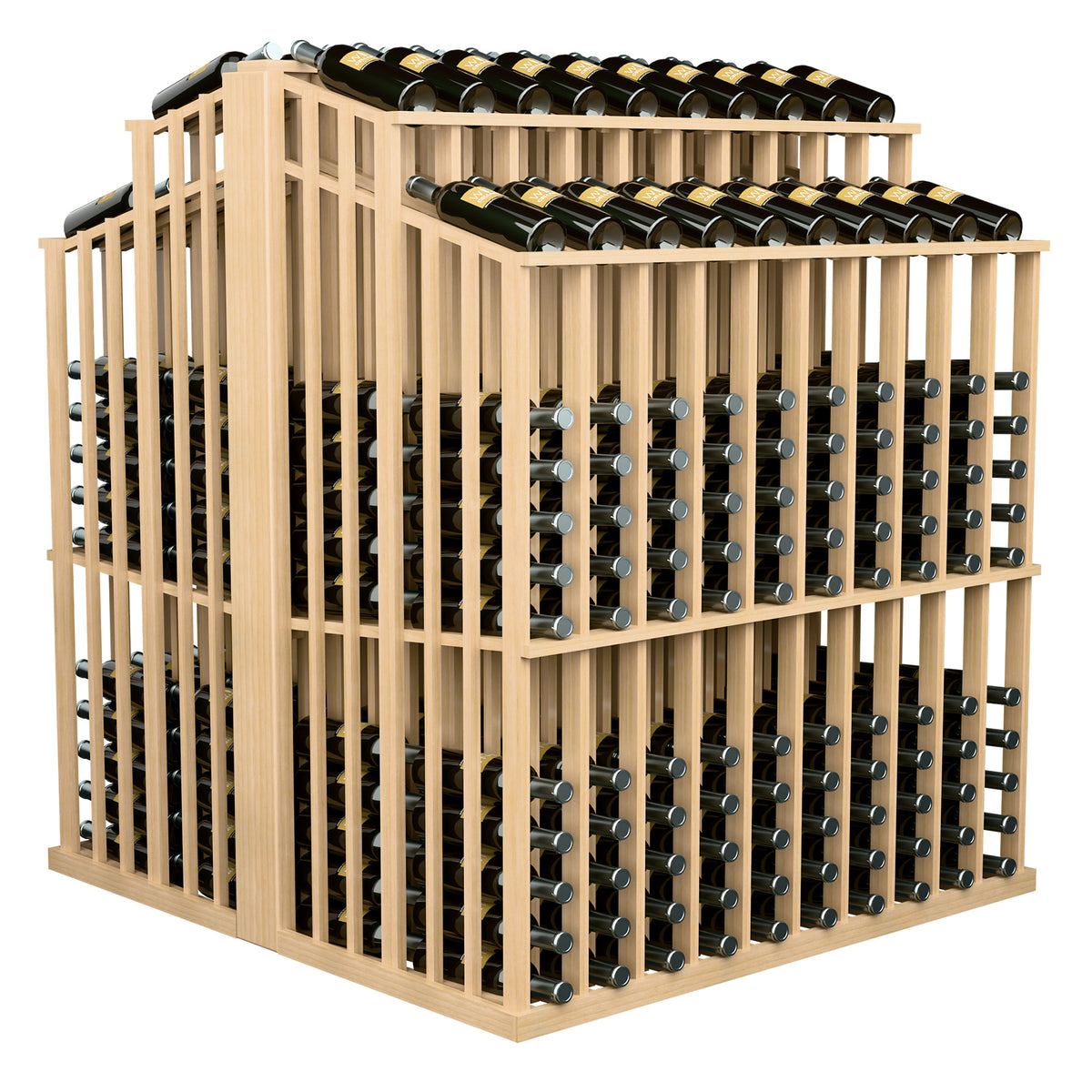 Double-deep commercial aisle bottle display rack with light wood frame and side bottle display