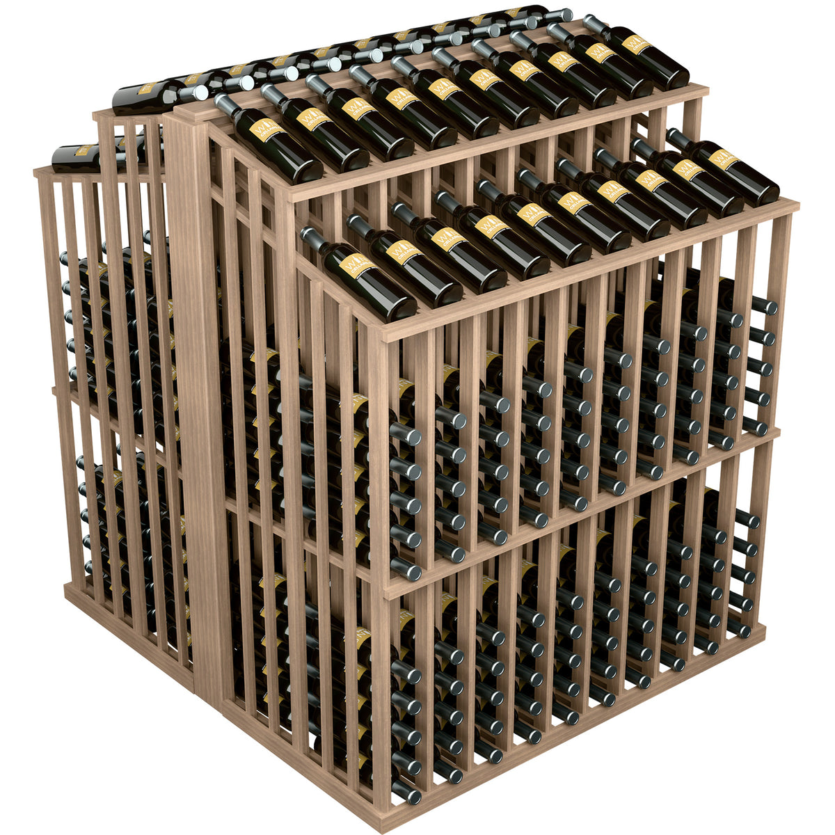 Light brown wood wine bottle display with open frame, side bottle holes, and top trays.