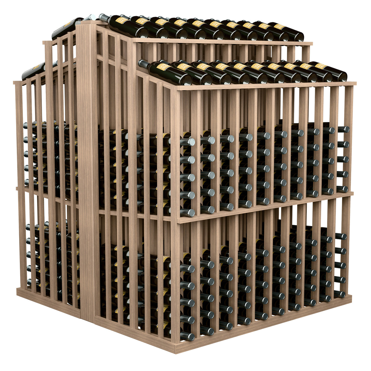 Wine bottle double aisle display with light wood slats and clear bottle caps