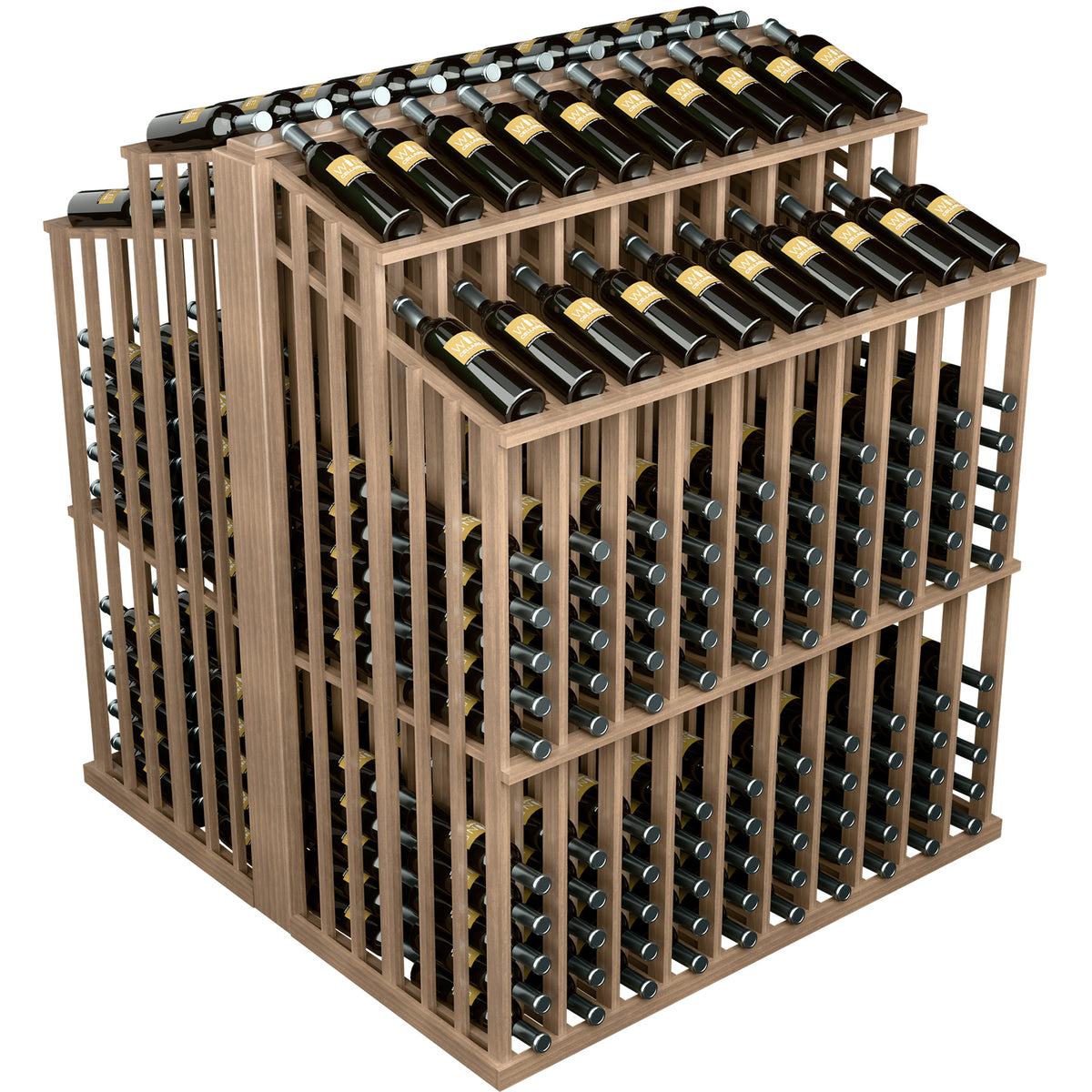 Double-deep commercial aisle bottle display rack with light wood frame and top bottle tray
