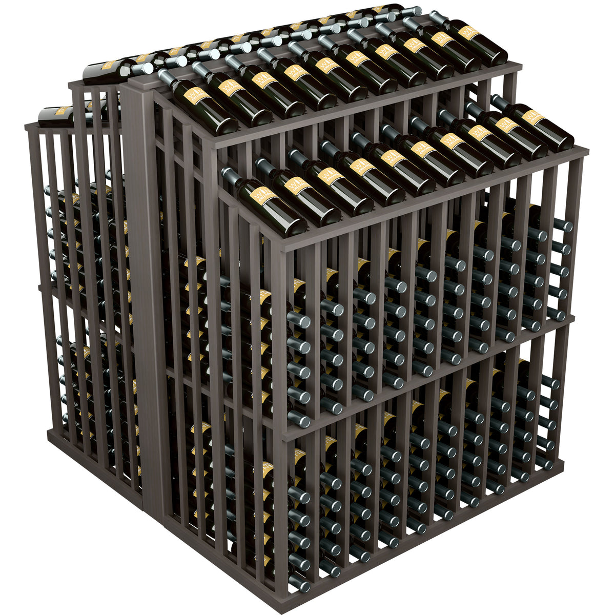Dark brown wine bottle display rack with black bottles in two-tier holder rows