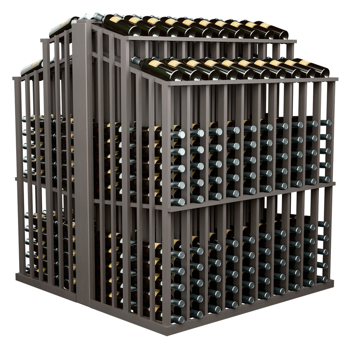 Double-sided wine bottle display rack with green bottle caps and dark slat frame