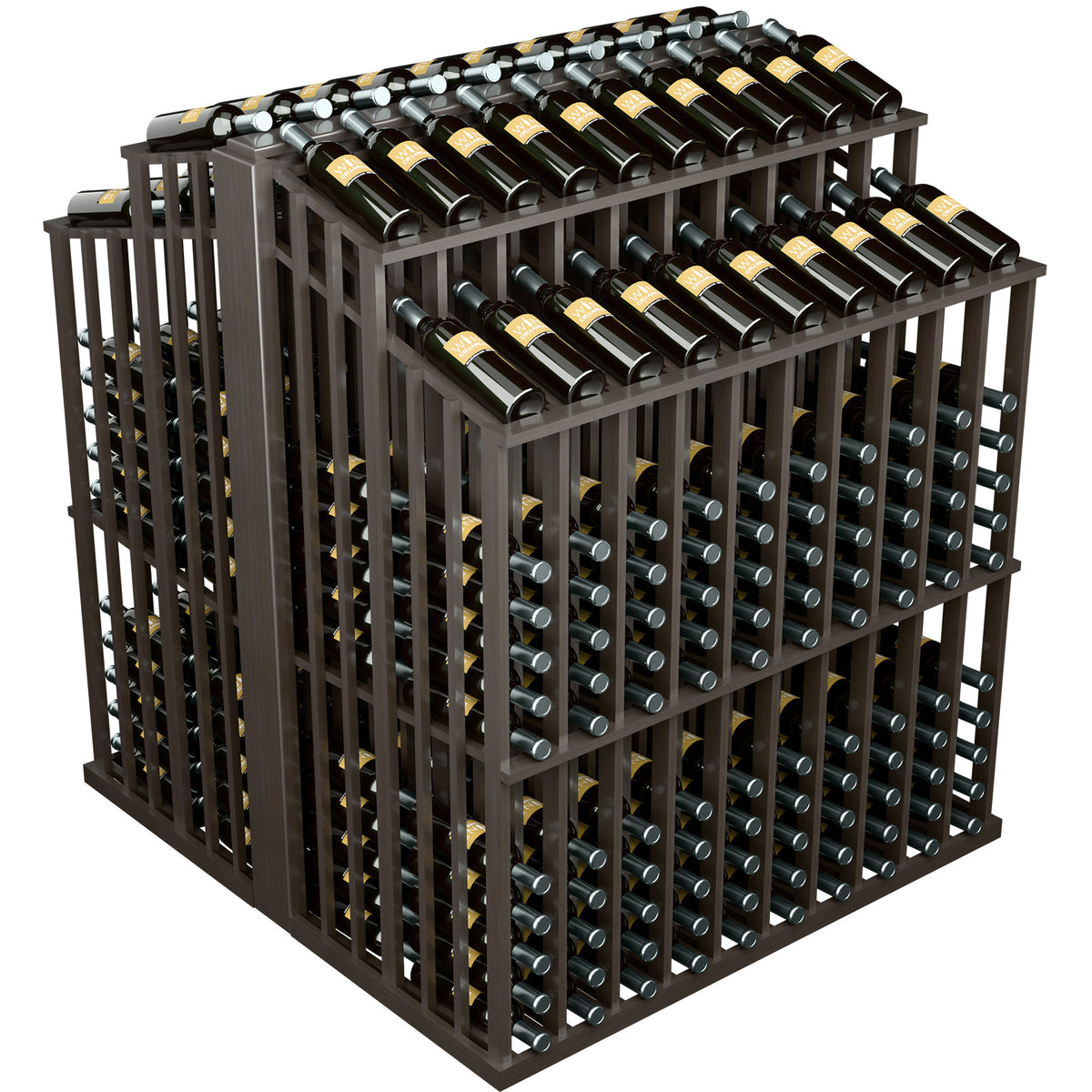 Double-deep commercial aisle bottle display rack with dark wood frame and 2-level bottle layout
