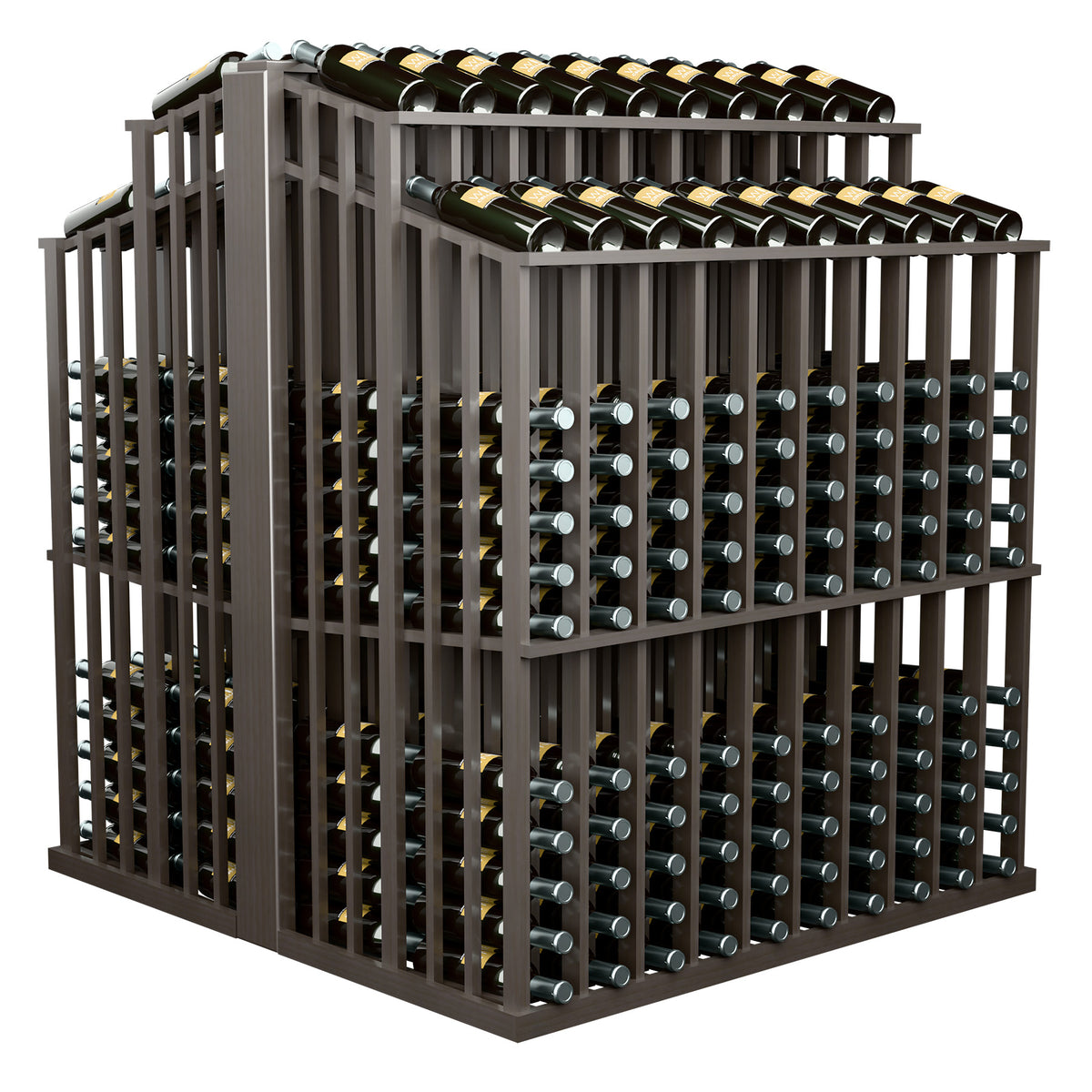 Double-deep commercial aisle bottle display rack with dark wood frame and bottle holder columns