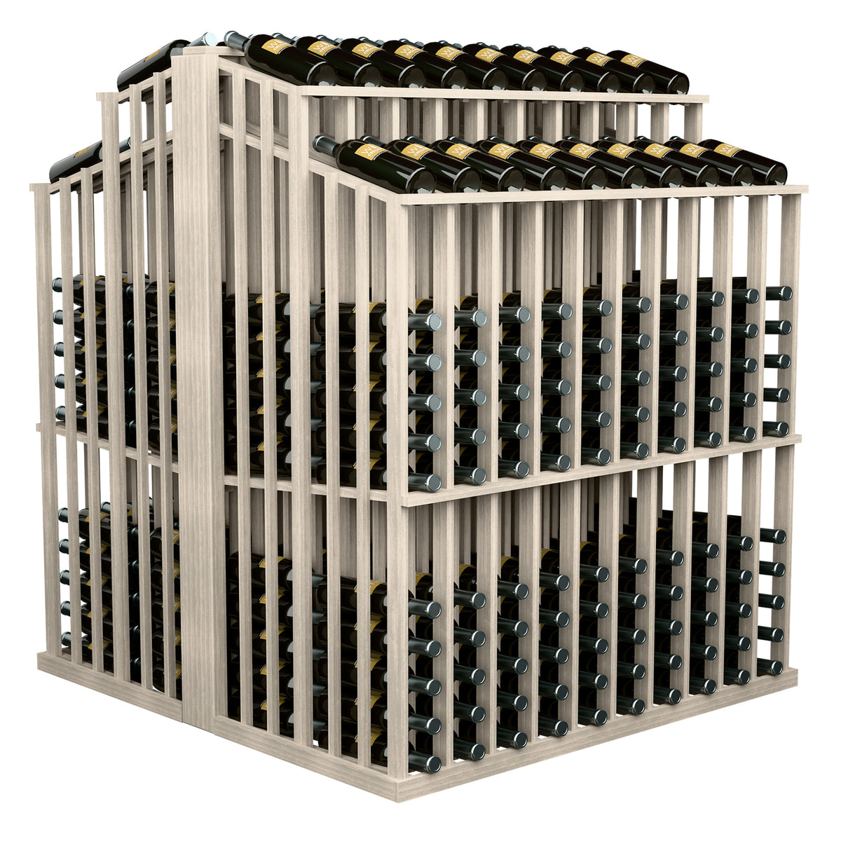 Wine bottle double aisle display with light wood slats and stacked bottle openings