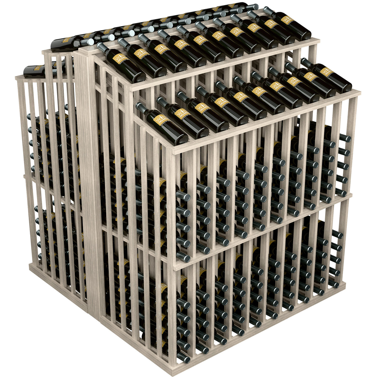 Light grey double-deep wine bottle display with open slat sides and 2 bottle rows