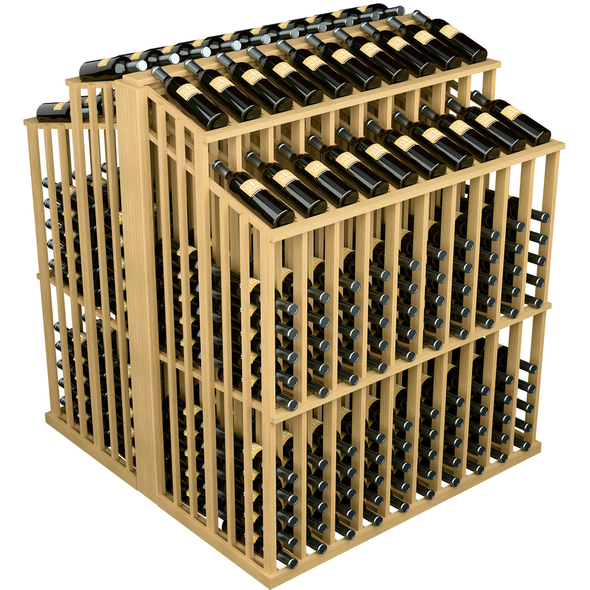 Pale wood wine rack with side bottle holes and two top rows of bottles.
