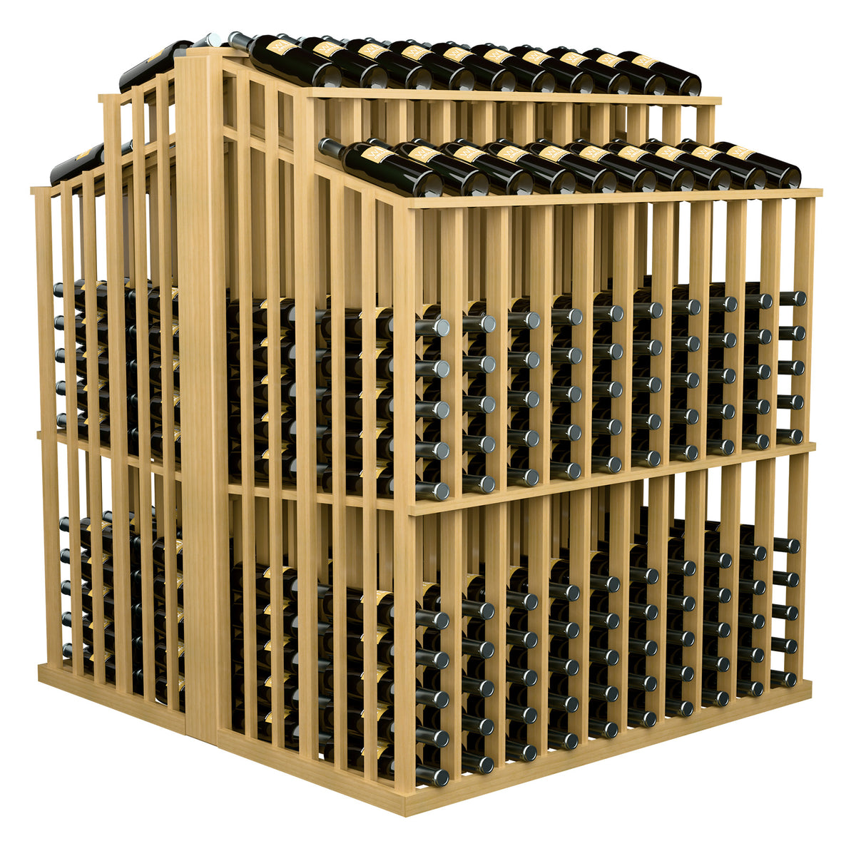 Natural wood wine bottle display with open slat panels and two rows of bottles