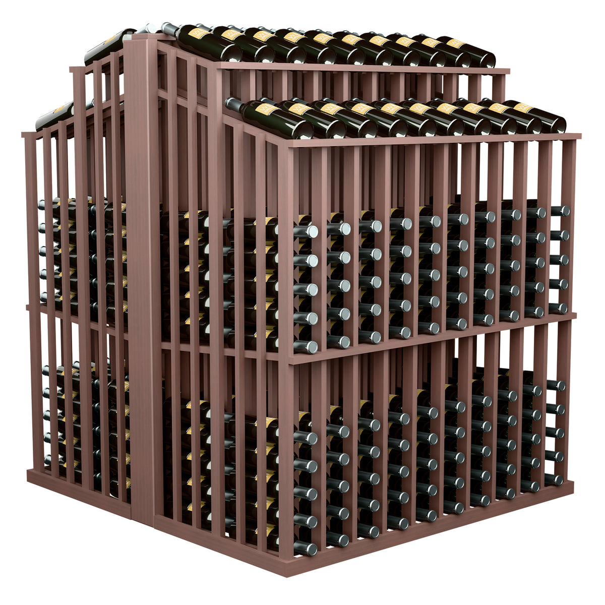 Wood wine bottle display rack with two tiers holding green bottles